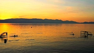 Sunset on the water polo goals in Ohrid